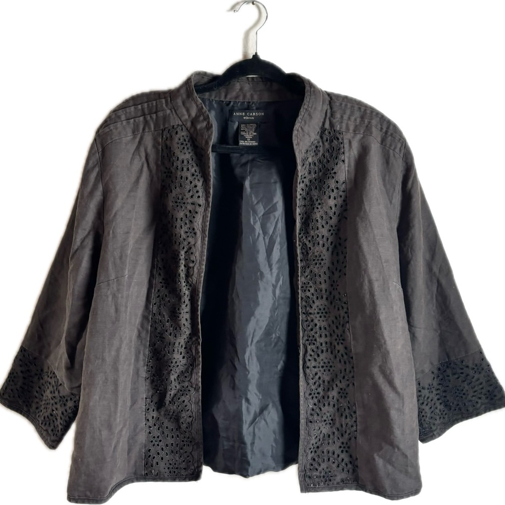 Ann Carson Linen Eyelet Open Front Jacket